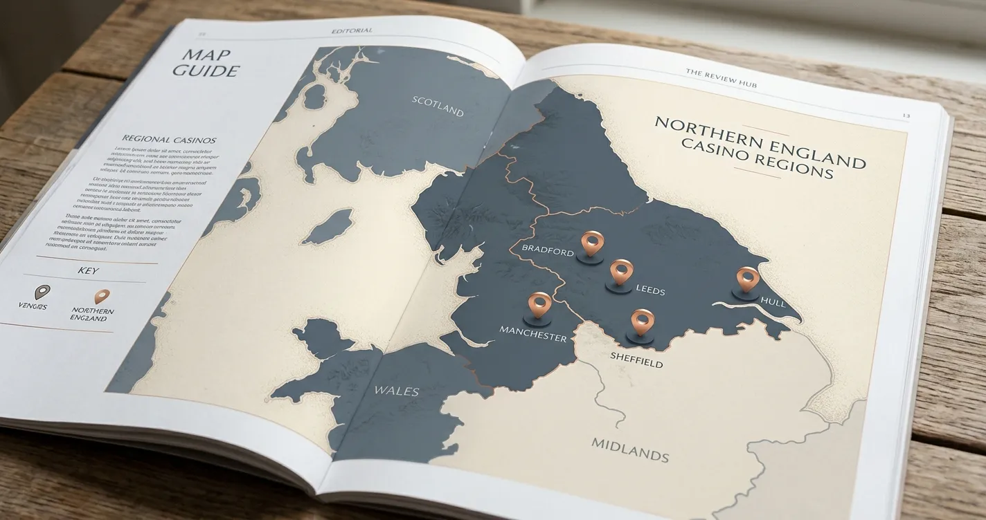 Illustration of five venue pins across northern England with no text labels