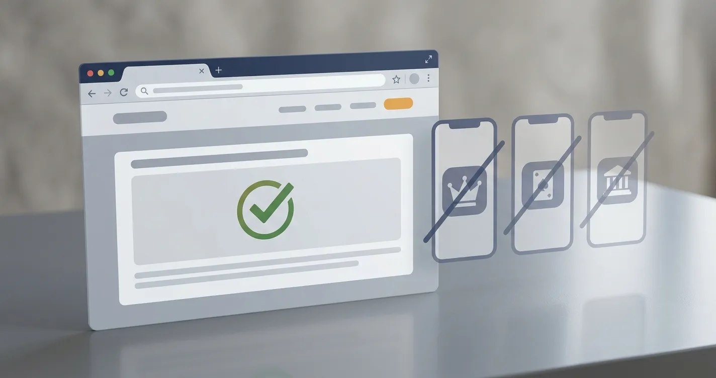 Illustration of a browser safety check and crossed-out app icons without brand logos